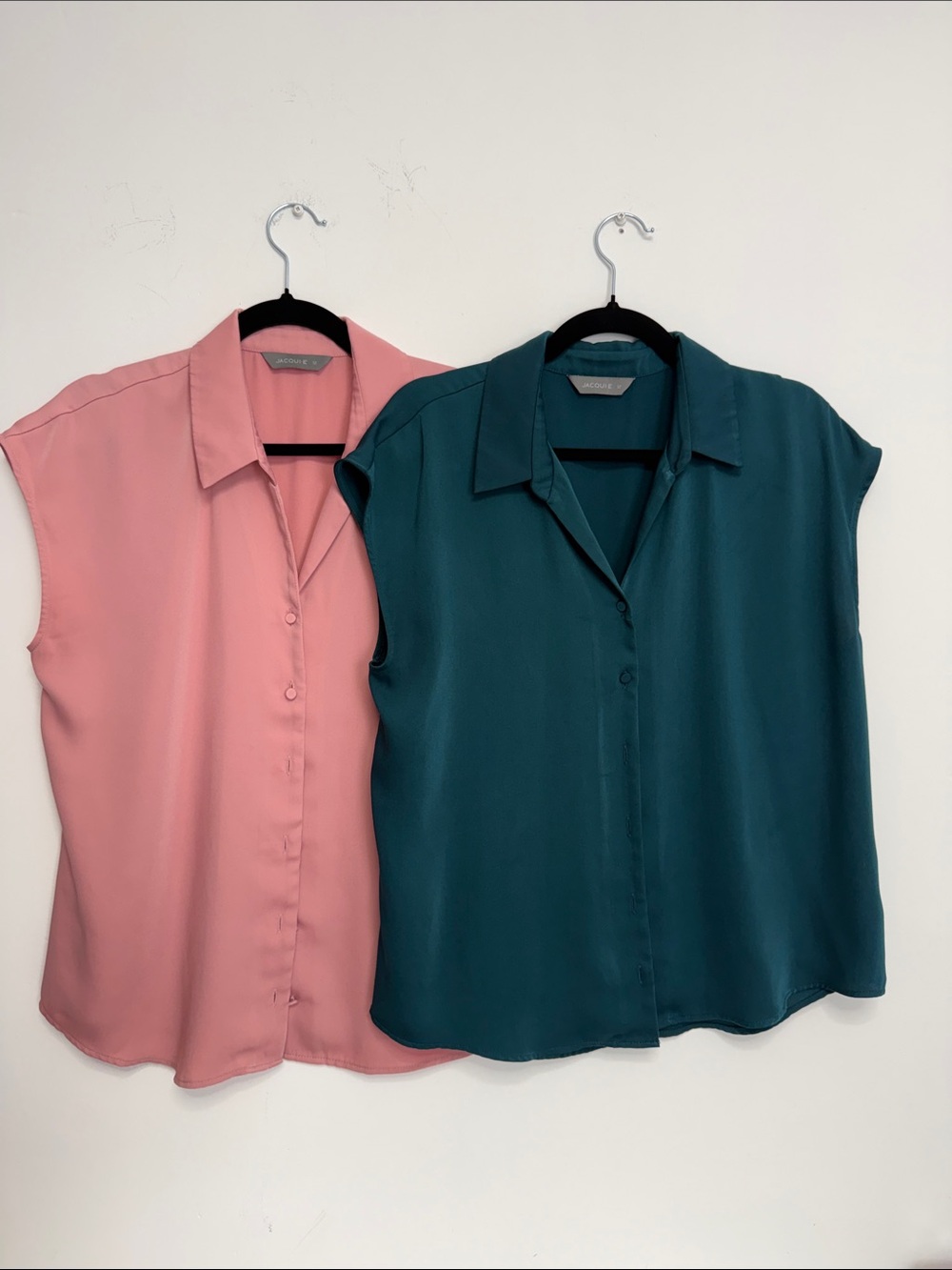 2x Button-Front Cap-Sleeve Blouse - Pink and Teal -